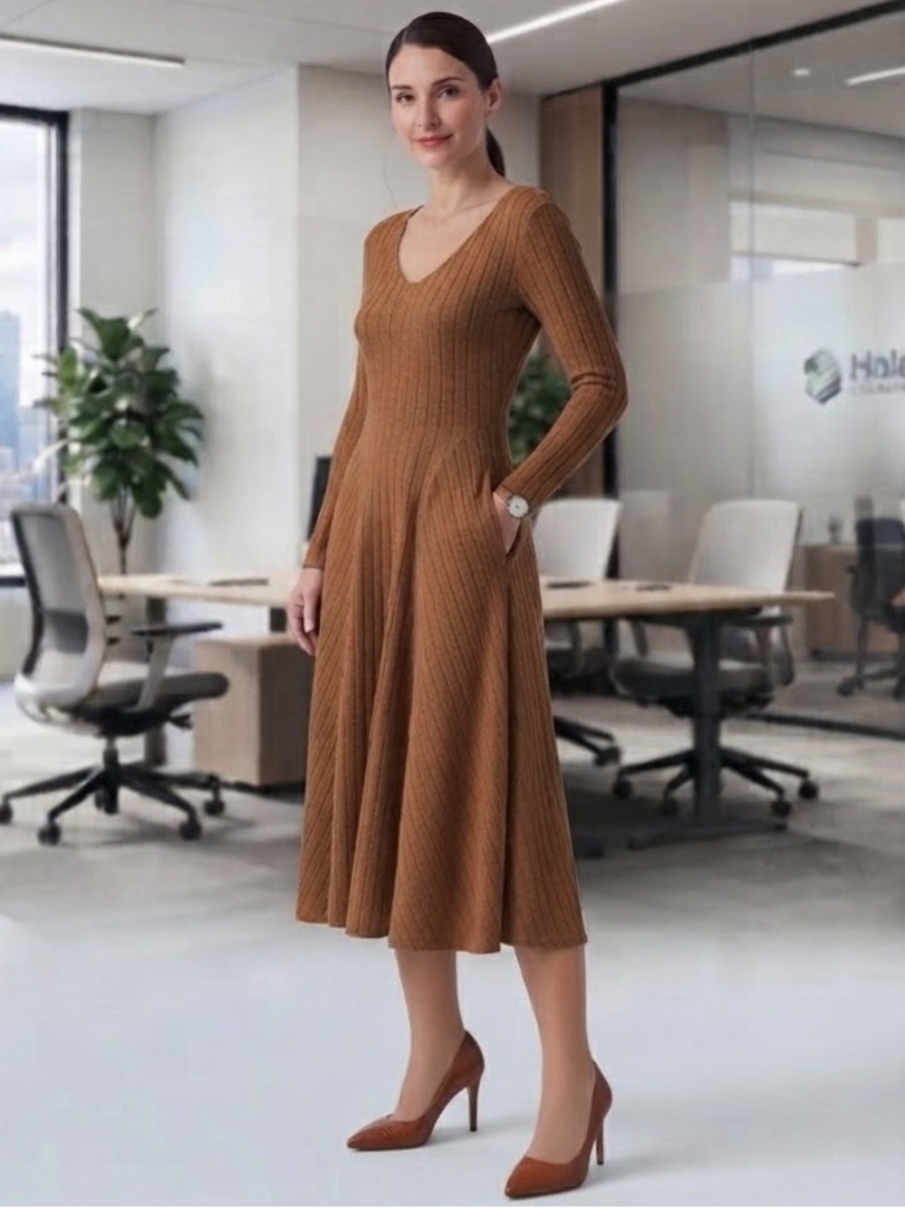 NWT Halara XL Ribbed Knit V Neck Long Sleeve Flare Midi Casual Dress